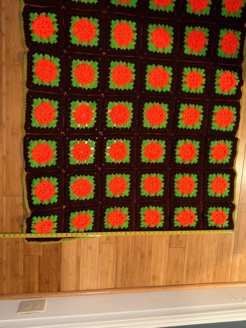 Vintage Handmade Crochet Granny Square Blanket with Orange Flowers